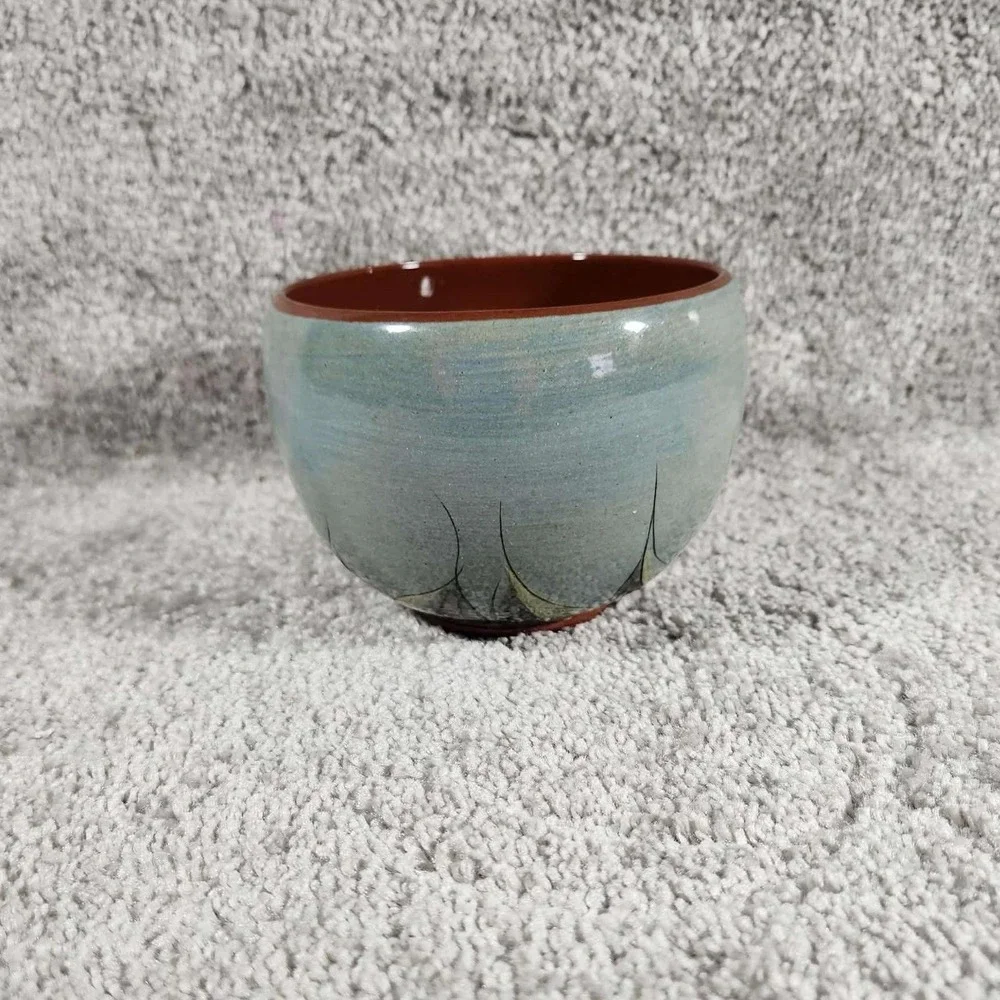 Studio Pottery‎ Dragonfly Cattail Ceramic Bowl Blue Terracotta Signed Small